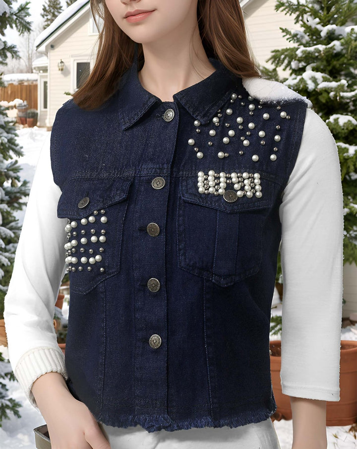 DENIM BOLERO JACKET - Polkadots - 11402AK - 067028 - DENIM BOLERO JACKET