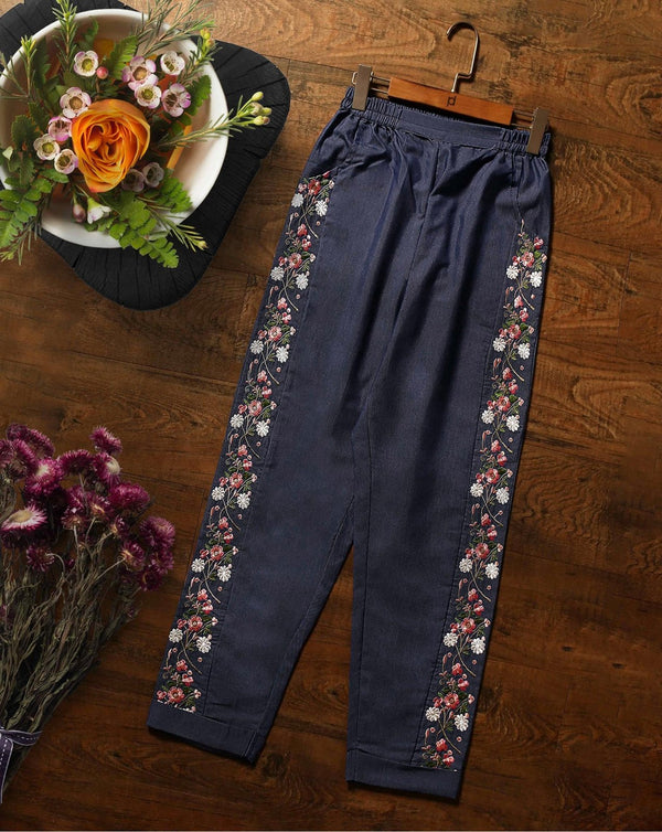 DENIM EMBROIDERED STRAIGHT PANT - Polkadots - 11443PD - 072376 - DENIM EMBROIDERED STRAIGHT PANT