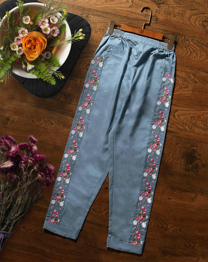 DENIM EMBROIDERED STRAIGHT PANT - Polkadots - 11443PD - 068134 - DENIM EMBROIDERED STRAIGHT PANT