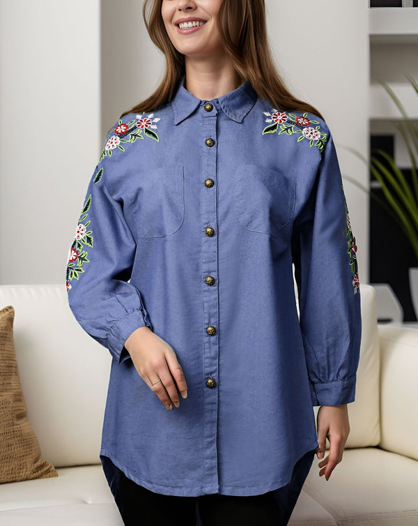 DENIM EMBROIDERED TOP - Polkadots - 13012HG - 203579 - DENIM EMBROIDERED TOP