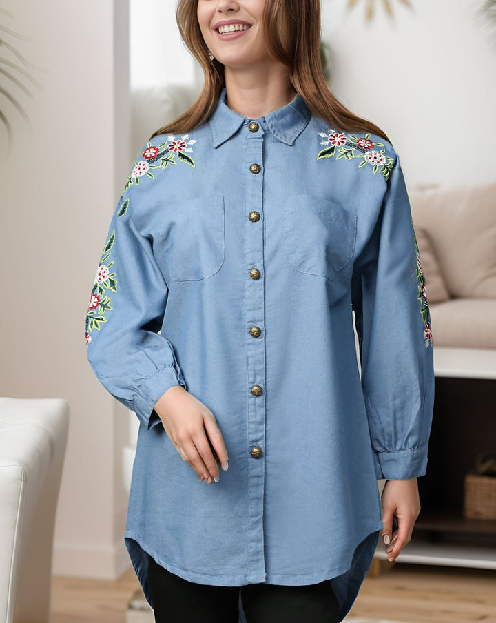 DENIM EMBROIDERED TOP - Polkadots - 13012HG - 203582 - DENIM EMBROIDERED TOP