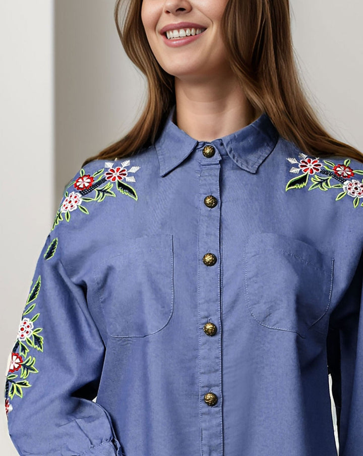 DENIM EMBROIDERED TOP - Polkadots - 13012HG - 203582 - DENIM EMBROIDERED TOP