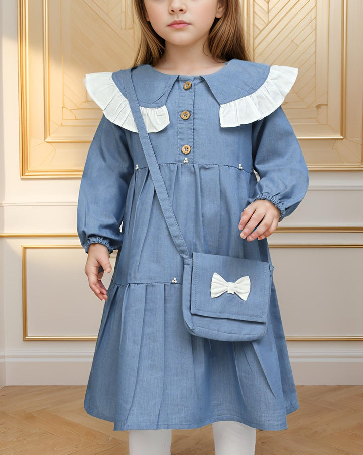 GIRLS DENIM TIERED DRESS WITH BAG - Polkadots - 13816PD - 219194 - GIRLS DENIM TIERED DRESS WITH BAG