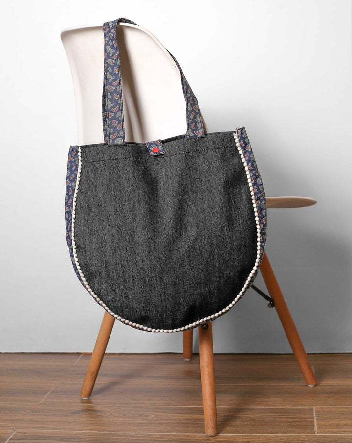 DENIM ROUND TOTE BAG - Polkadots - 12922ZJ-205896 - DENIM ROUND TOTE BAG